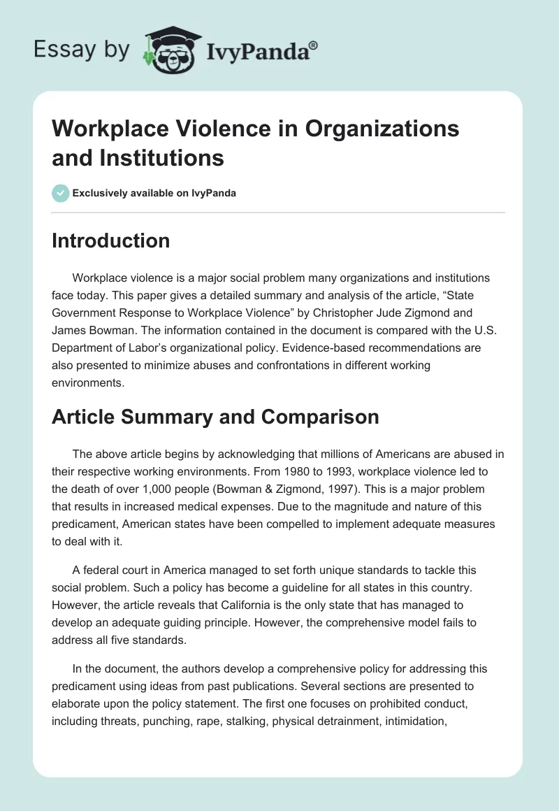 Workplace Violence in Organizations and Institutions. Page 1
