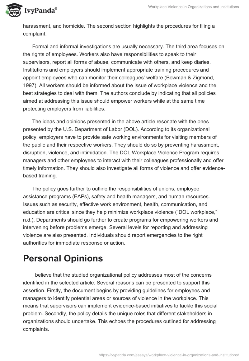 Workplace Violence in Organizations and Institutions. Page 2