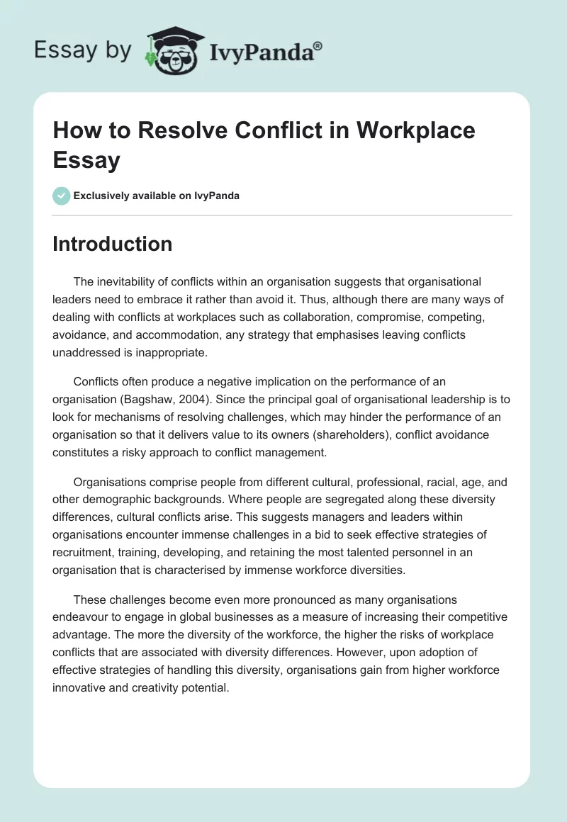 How to Resolve Conflict in Workplace Essay. Page 1