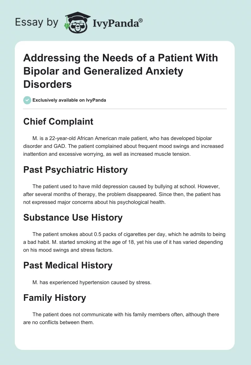 Addressing the Needs of a Patient With Bipolar and Generalized Anxiety Disorders. Page 1