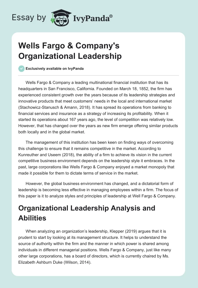 Wells Fargо & Company's Organizational Leadership. Page 1