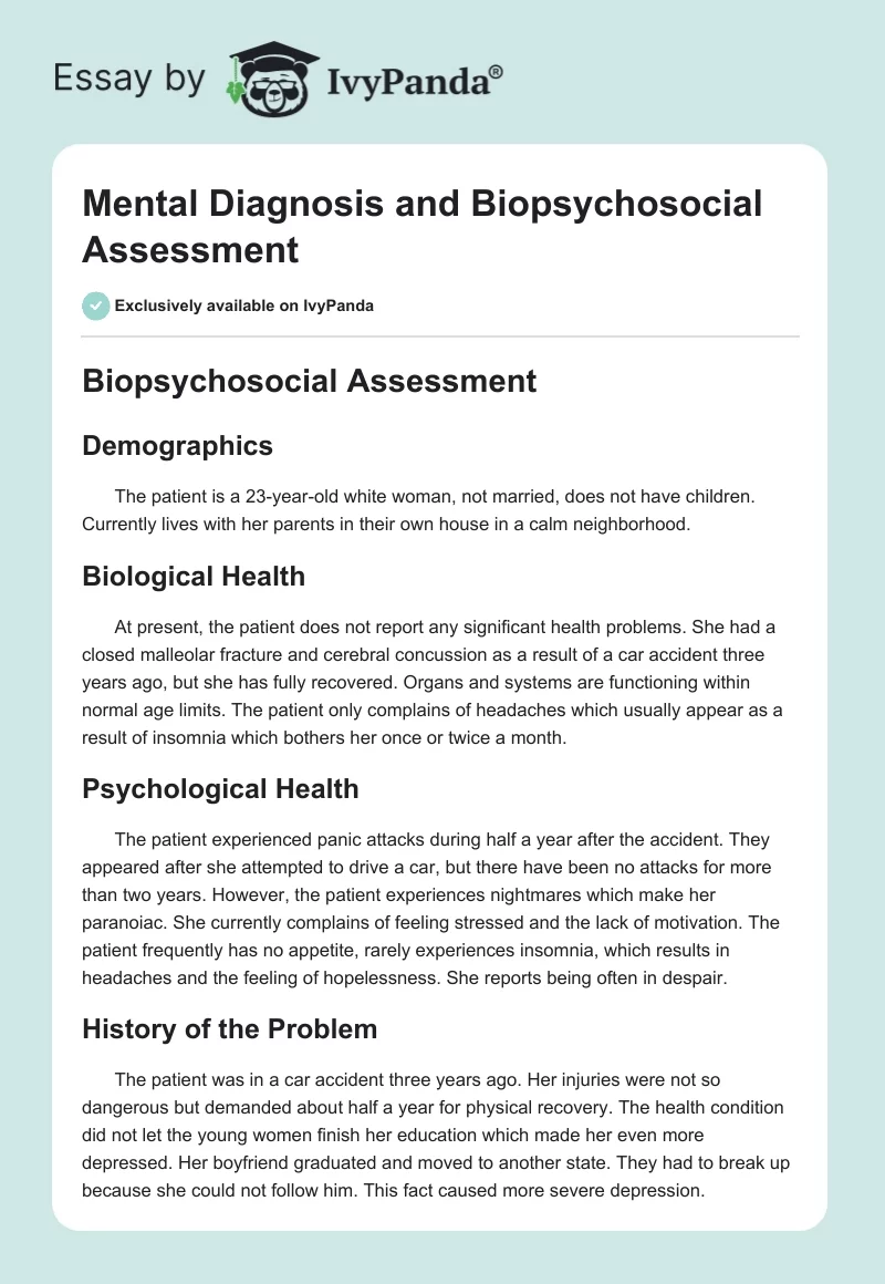 Mental Diagnosis and Biopsychosocial Assessment. Page 1