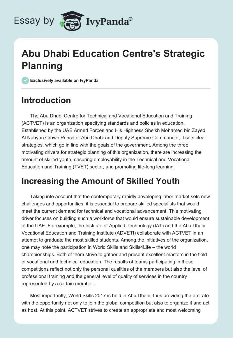 Abu Dhabi Education Centre's Strategic Planning. Page 1