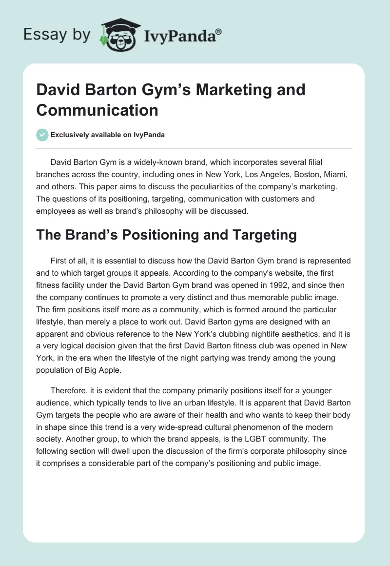 David Barton Gym’s Marketing and Communication. Page 1