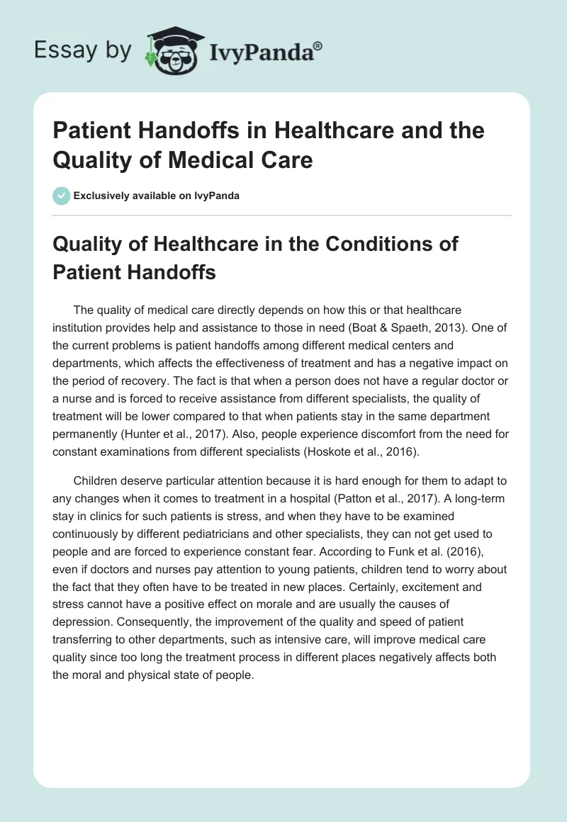 Patient Handoffs in Healthcare and the Quality of Medical Care. Page 1