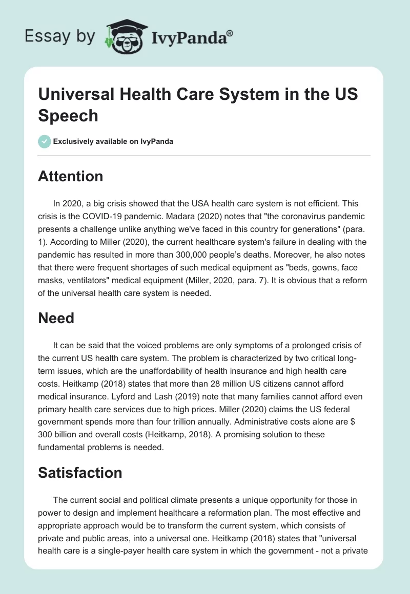 Universal Health Care System in the US Speech. Page 1