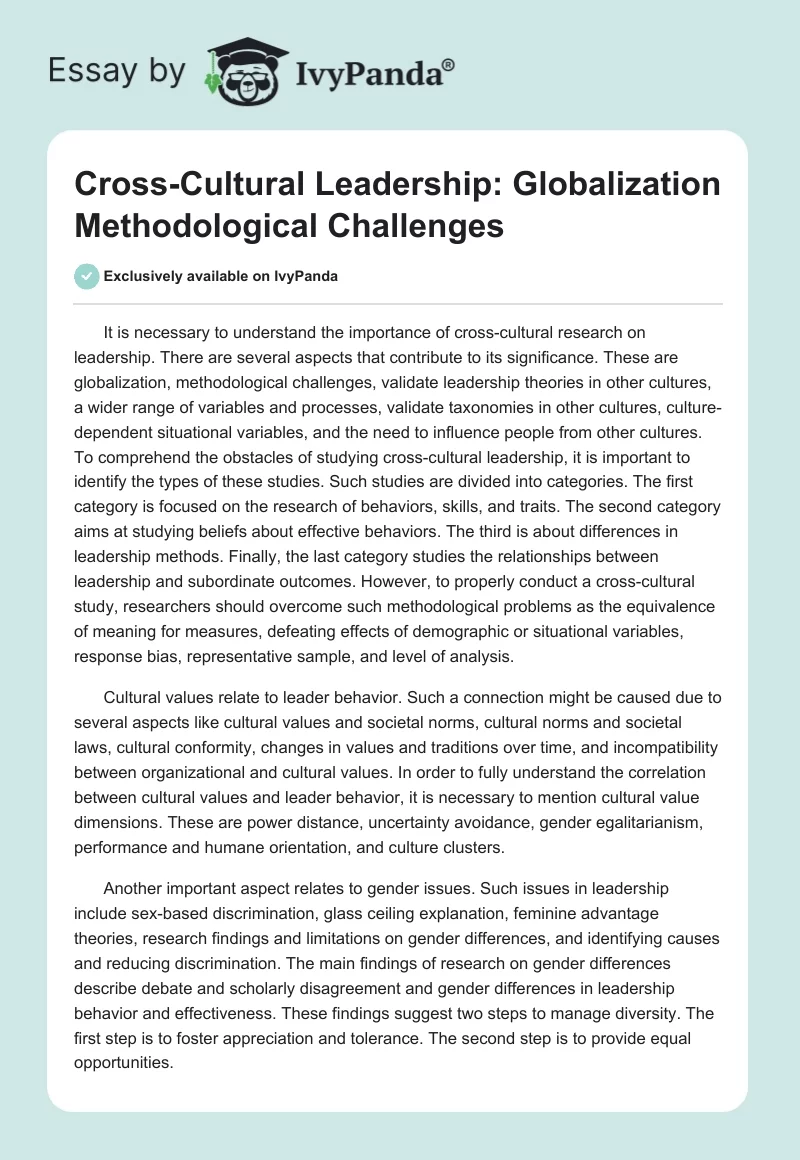 Cross-Cultural Leadership: Globalization Methodological Challenges. Page 1