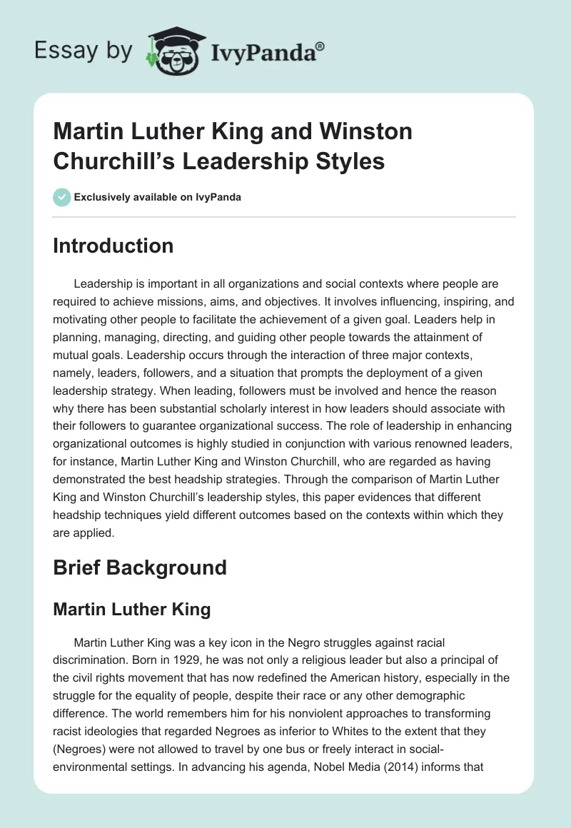 Martin Luther King and Winston Churchill’s Leadership Styles. Page 1