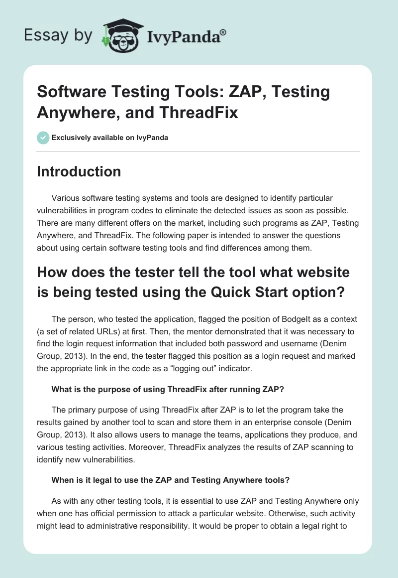 Software Testing Tools: ZAP, Testing Anywhere, and ThreadFix. Page 1