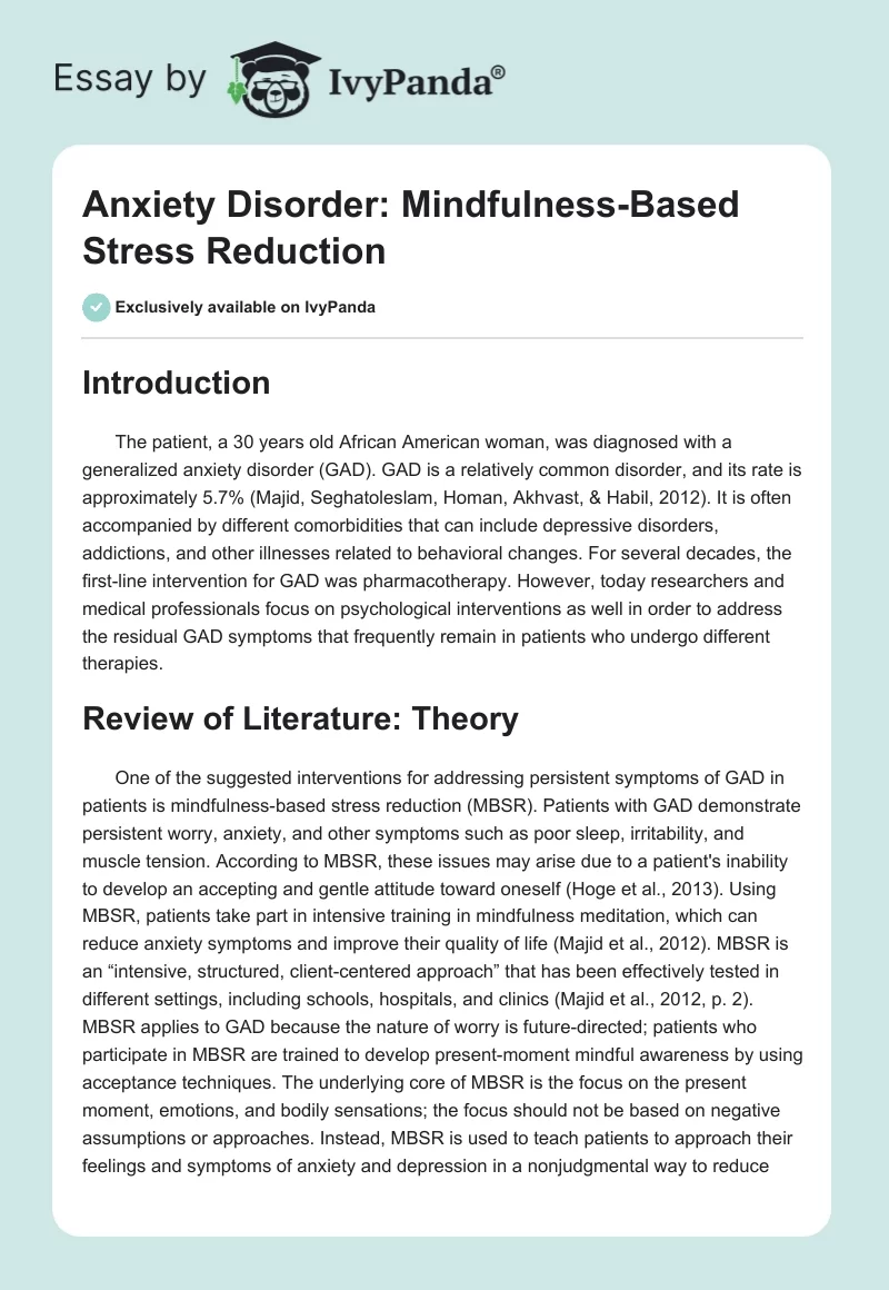 Anxiety Disorder: Mindfulness-Based Stress Reduction. Page 1