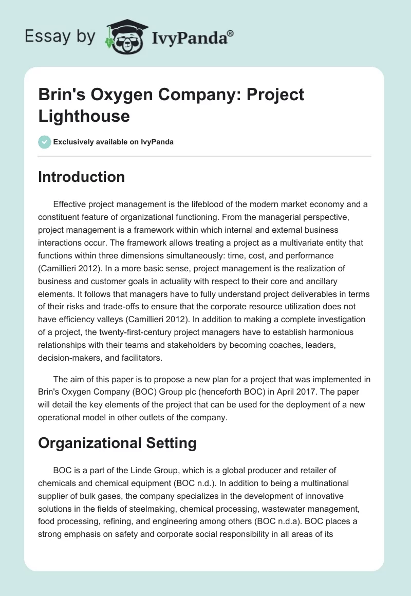 Brin's Oxygen Company: Project Lighthouse. Page 1