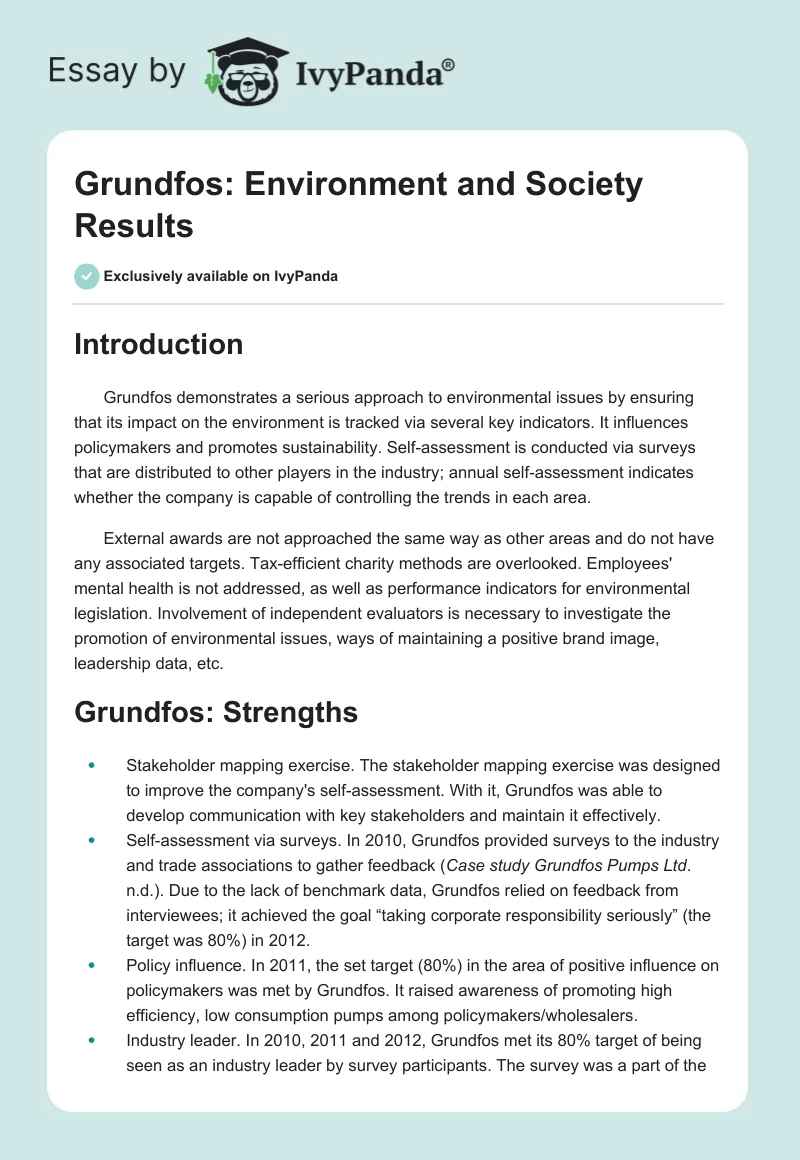 Grundfos: Environment and Society Results. Page 1