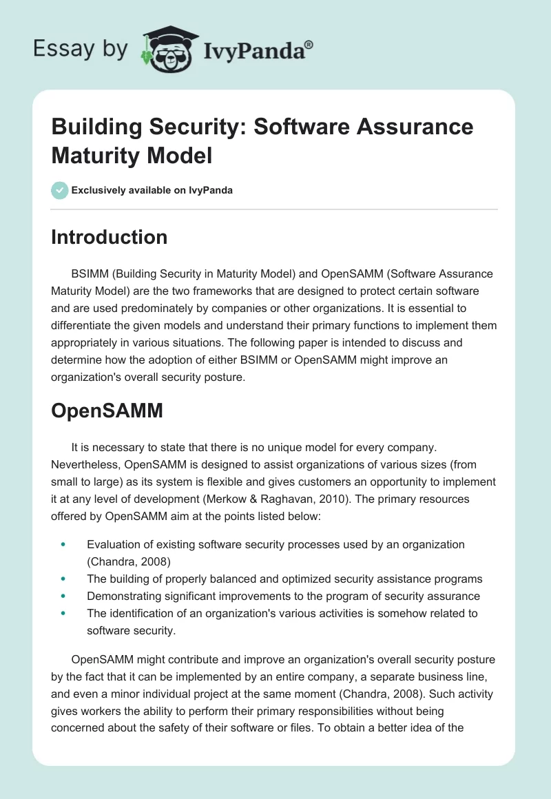 Building Security: Software Assurance Maturity Model. Page 1