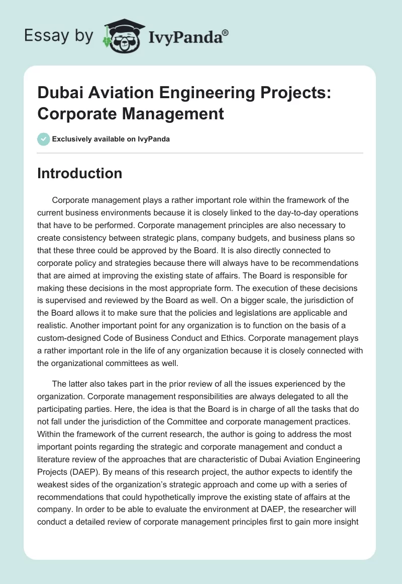 Dubai Aviation Engineering Projects: Corporate Management. Page 1