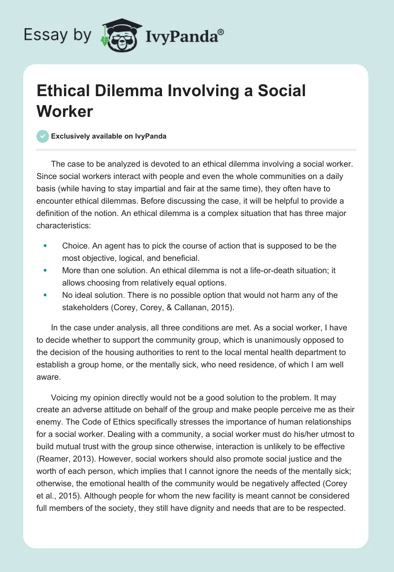 Ethical Dilemma Involving a Social Worker. Page 1