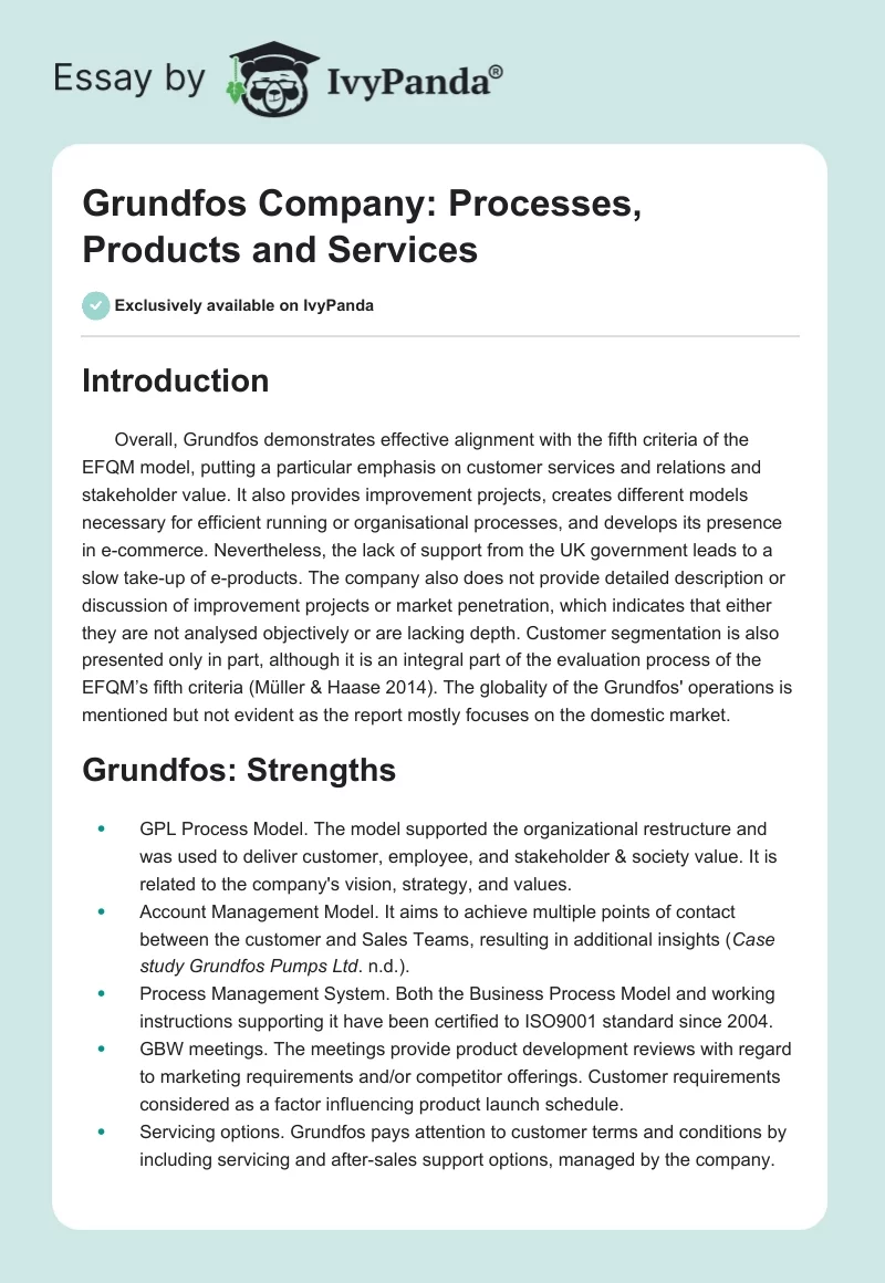Grundfos Company: Processes, Products and Services. Page 1
