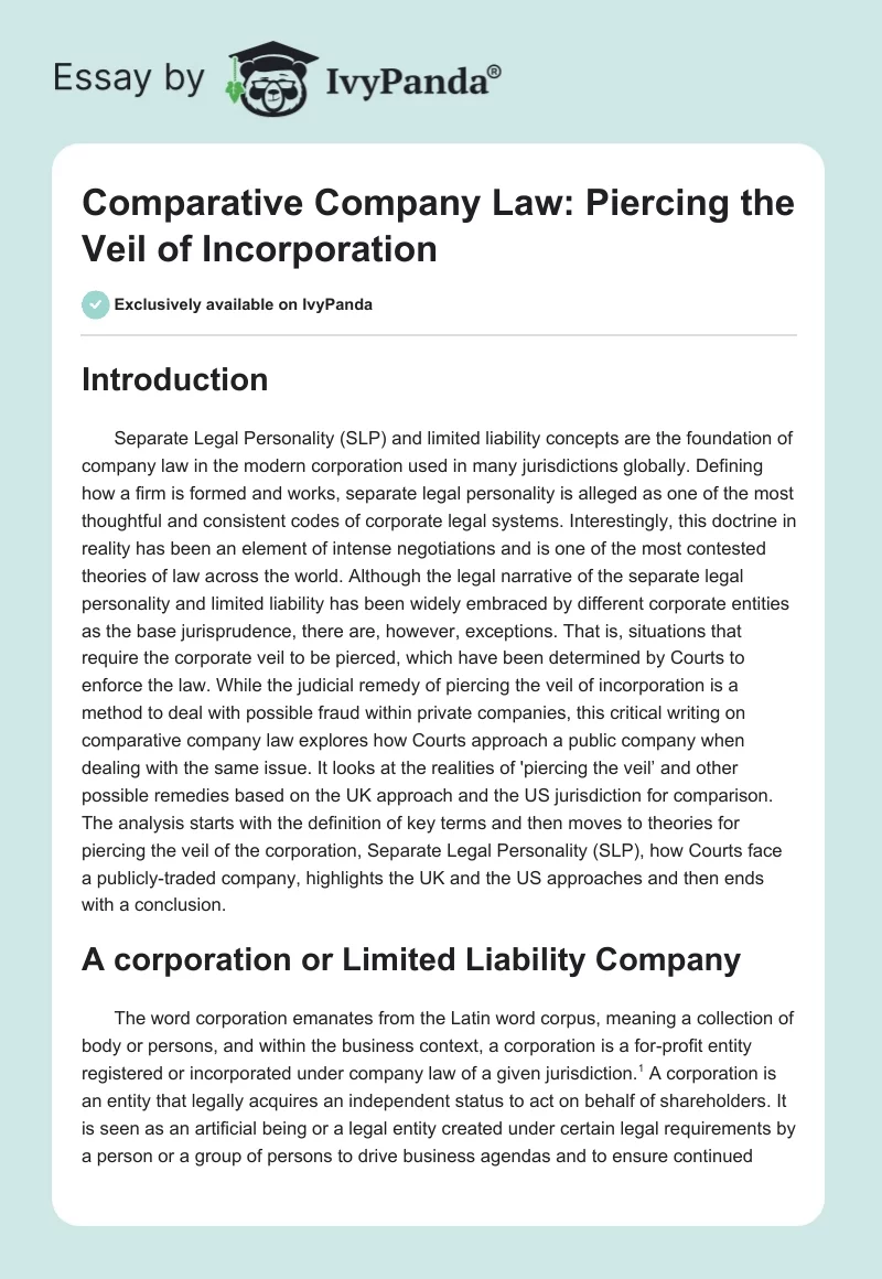 Comparative Company Law: Piercing the Veil of Incorporation. Page 1