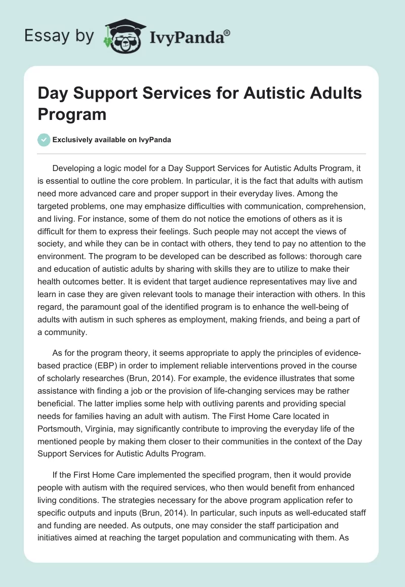 Day Support Services for Autistic Adults Program. Page 1
