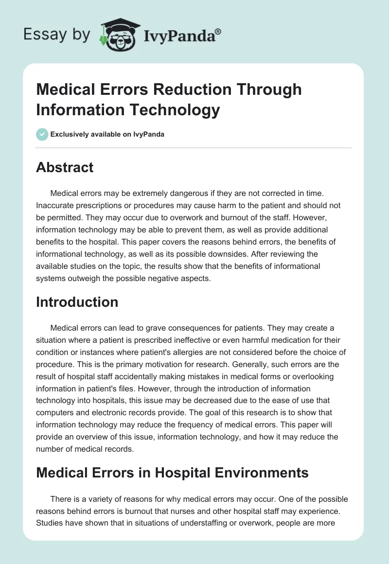 Medical Errors Reduction Through Information Technology. Page 1