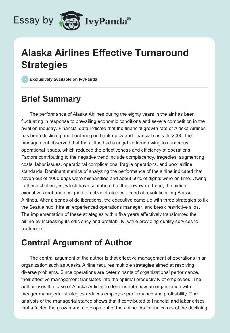 Alaska Airlines Effective Turnaround Strategies. Page 1