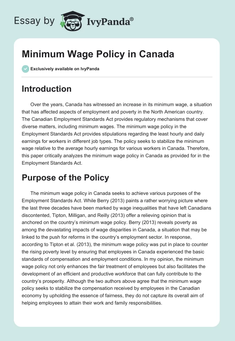 Minimum Wage Policy in Canada. Page 1
