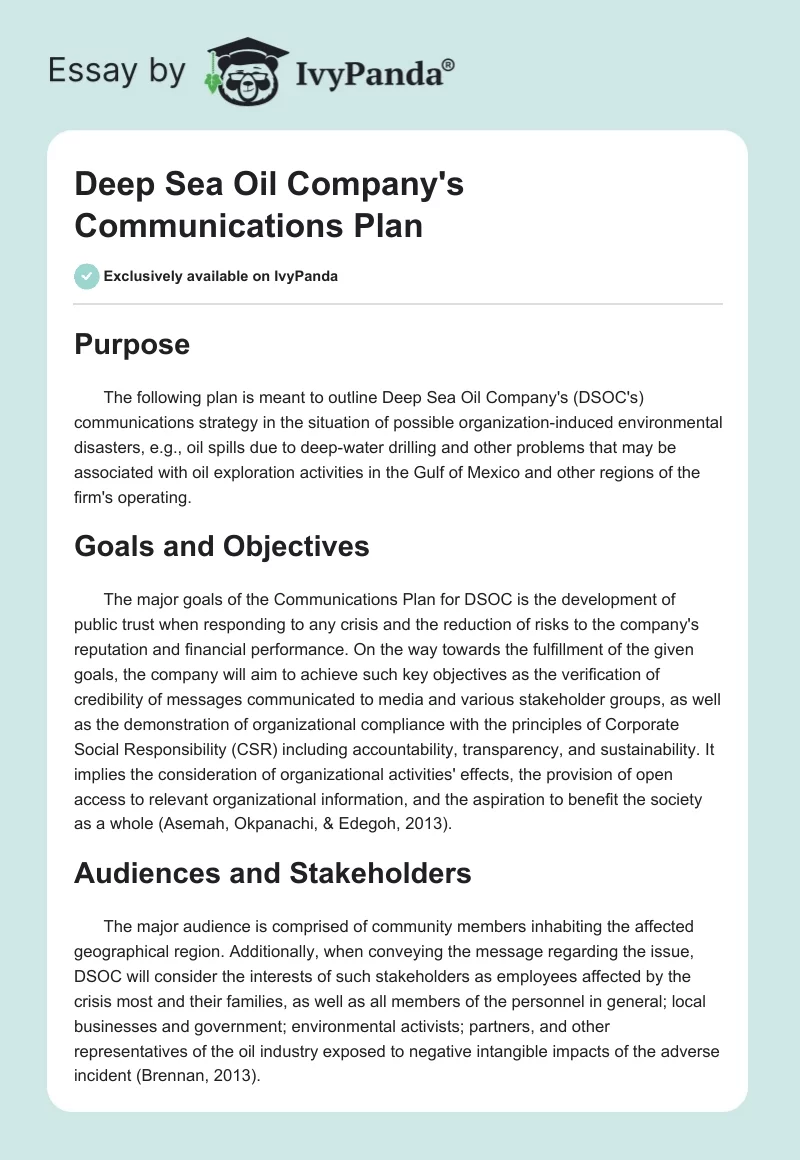Deep Sea Oil Company's Communications Plan. Page 1