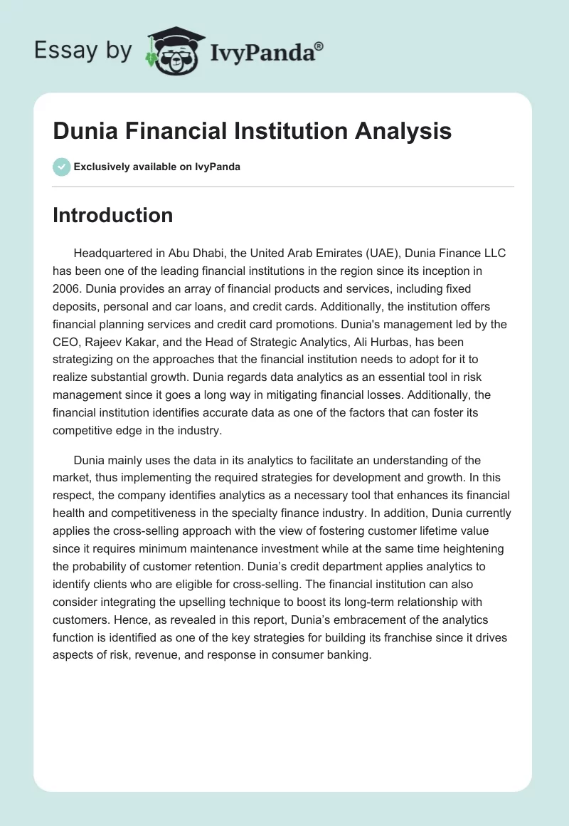 Dunia Financial Institution Analysis. Page 1