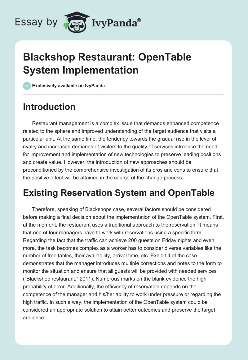 Blackshop Restaurant: OpenTable System Implementation. Page 1