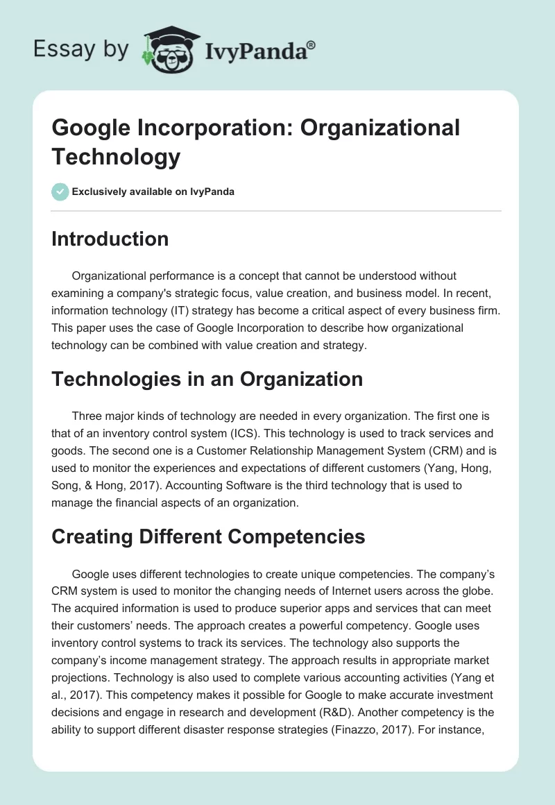 Google Incorporation: Organizational Technology. Page 1