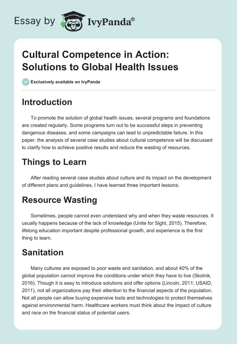 Cultural Competence in Action: Solutions to Global Health Issues. Page 1
