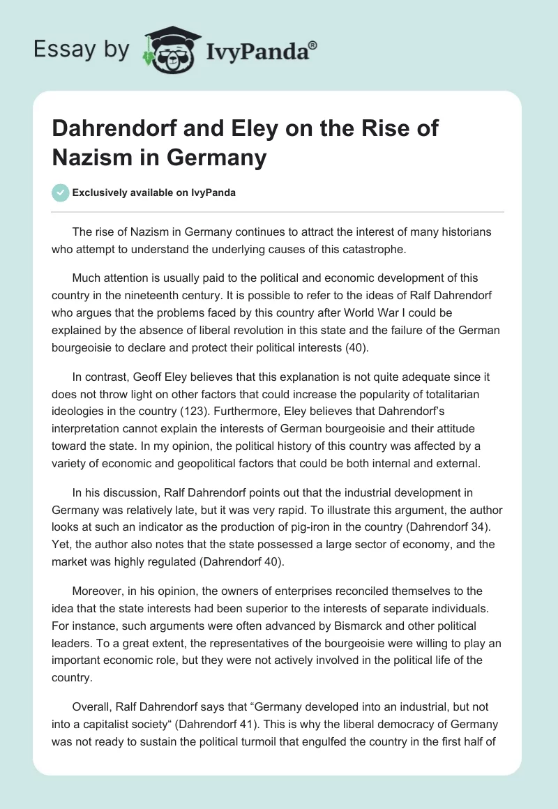 Dahrendorf and Eley on the Rise of Nazism in Germany. Page 1