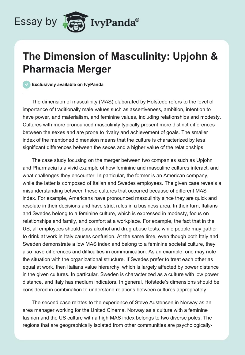 The Dimension of Masculinity: Upjohn & Pharmacia Merger. Page 1