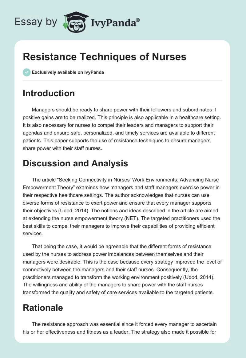 Resistance Techniques of Nurses. Page 1