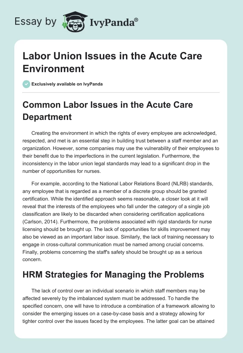 Labor Union Issues in the Acute Care Environment. Page 1