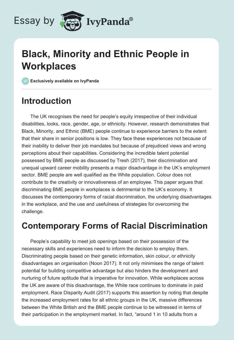 Black, Minority and Ethnic People in Workplaces. Page 1