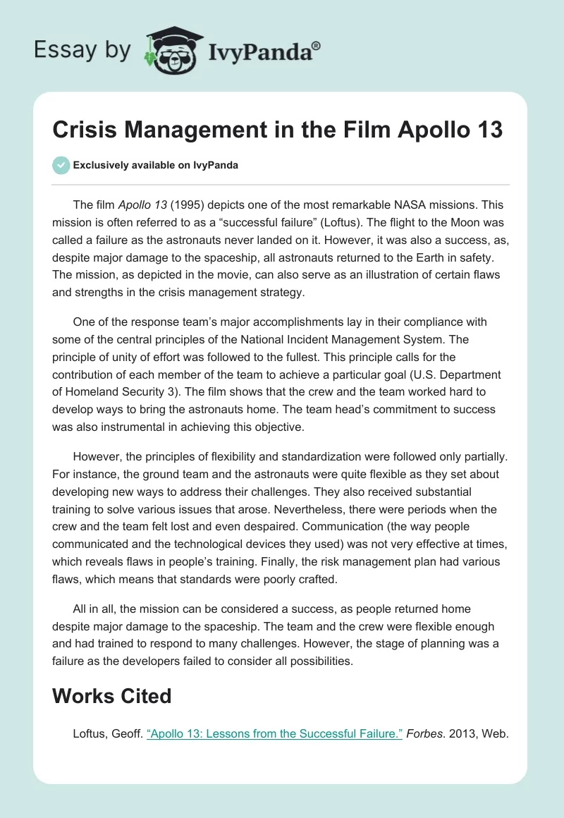 Crisis Management in the Film "Apollo 13". Page 1