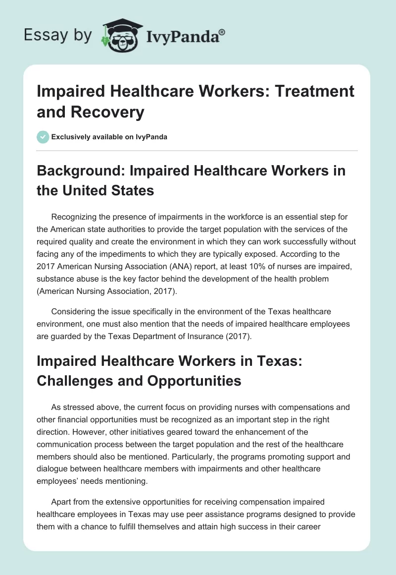 Impaired Healthcare Workers: Treatment and Recovery. Page 1