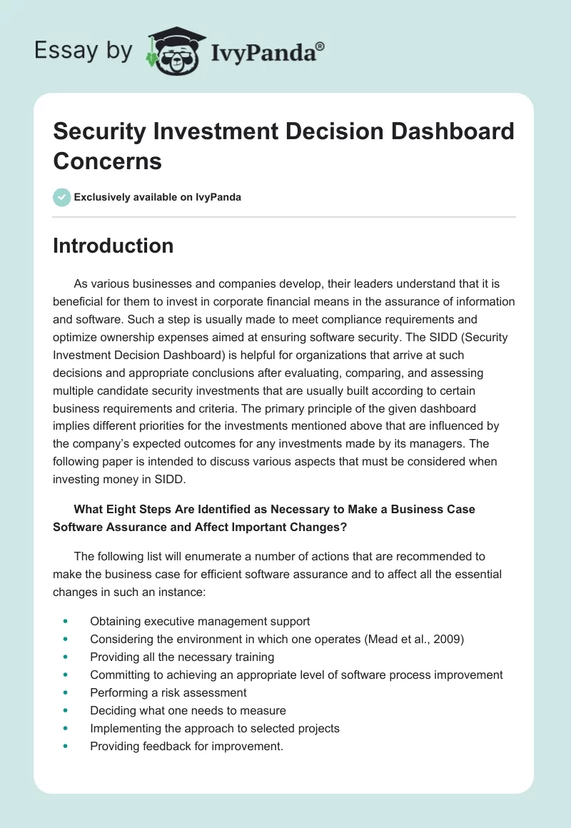 Security Investment Decision Dashboard Concerns. Page 1