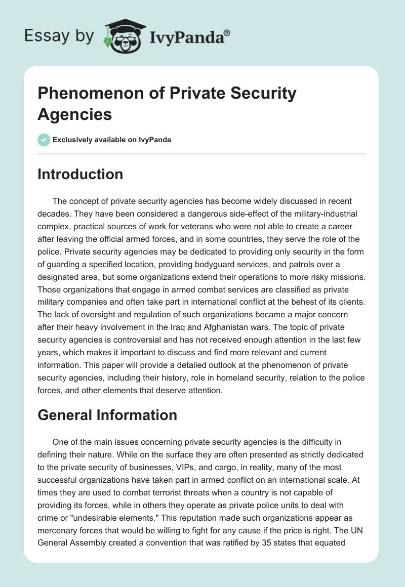 Phenomenon of Private Security Agencies. Page 1