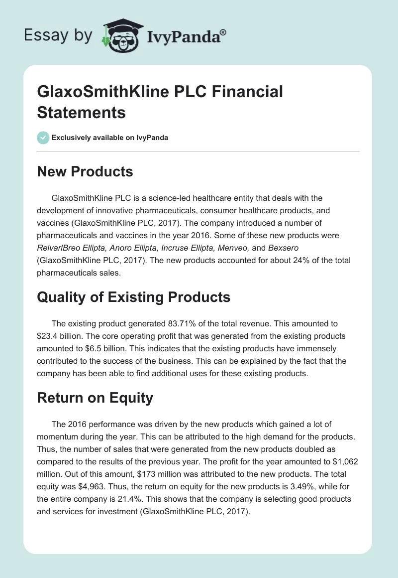 GlaxoSmithKline PLC Financial Statements. Page 1