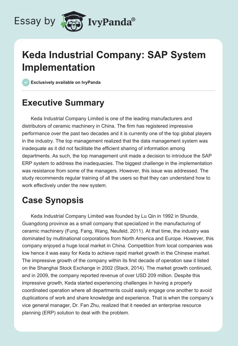 Keda Industrial Company: SAP System Implementation. Page 1