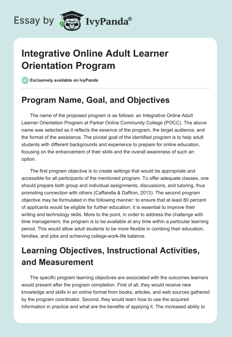 Integrative Online Adult Learner Orientation Program. Page 1