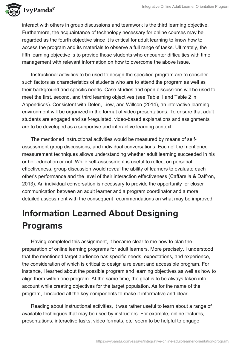 Integrative Online Adult Learner Orientation Program. Page 2