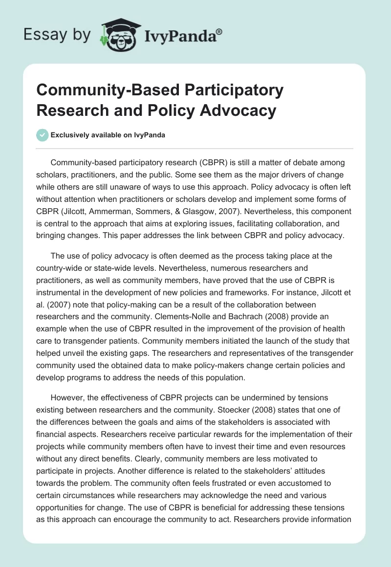 Community-Based Participatory Research and Policy Advocacy. Page 1