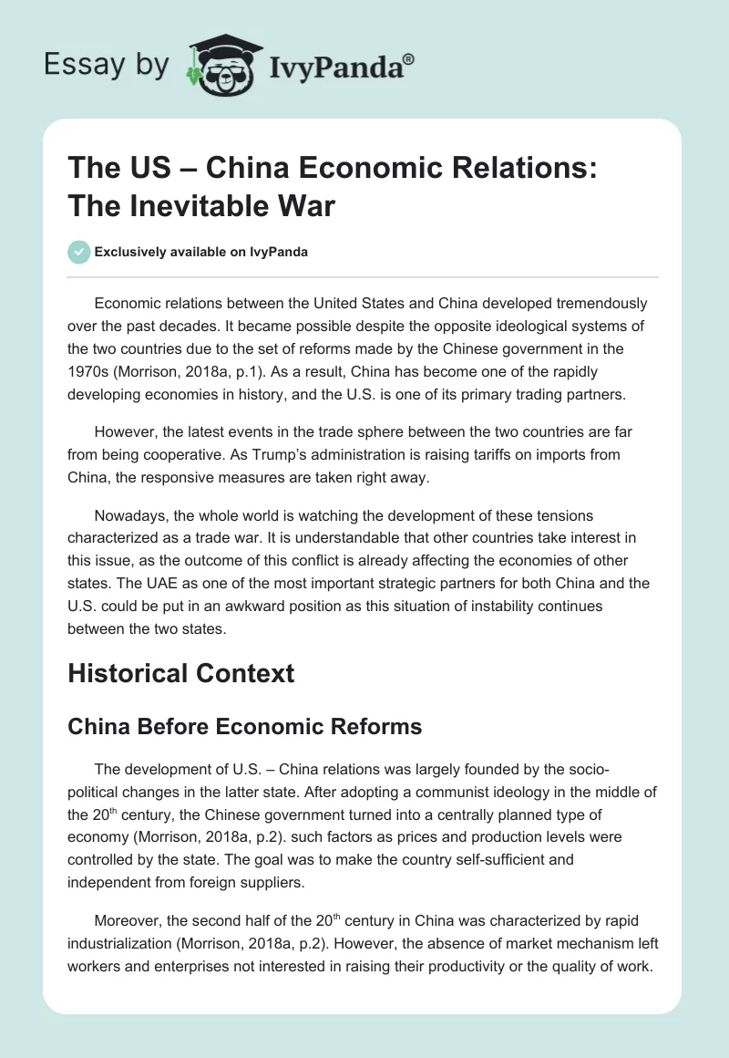 The US – China Economic Relations: The Inevitable War. Page 1