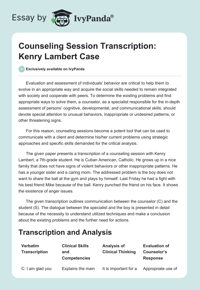 Counseling Session Transcription: Kenry Lambert Case. Page 1