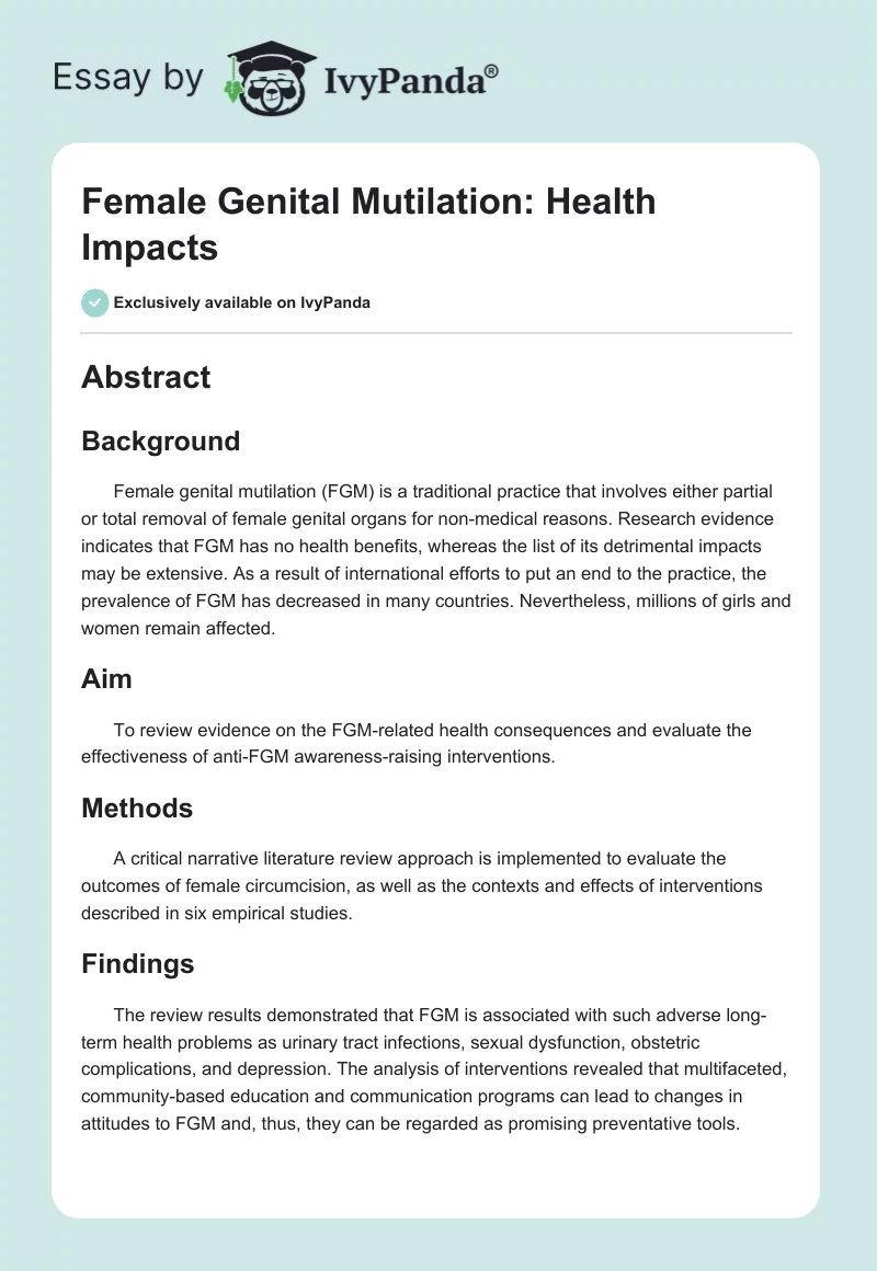 Female Genital Mutilation: Health Impacts. Page 1