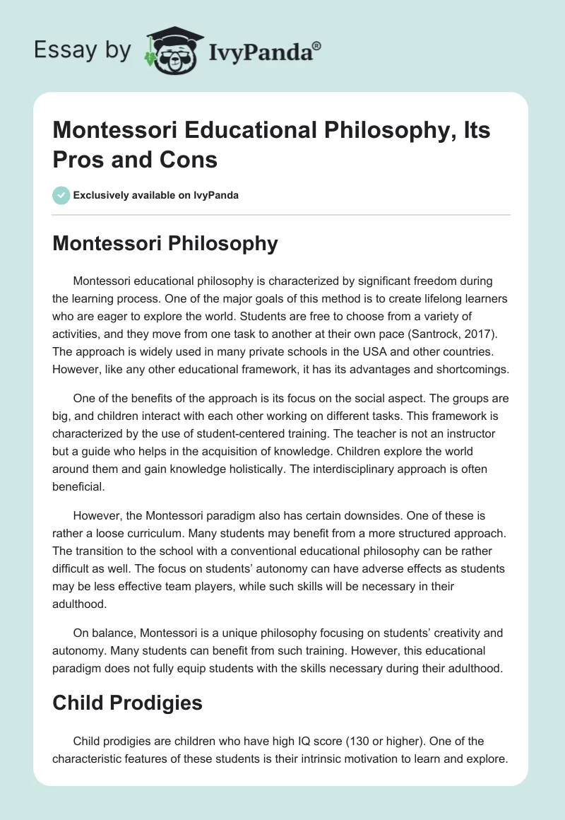 Montessori Educational Philosophy, Its Pros and Cons. Page 1