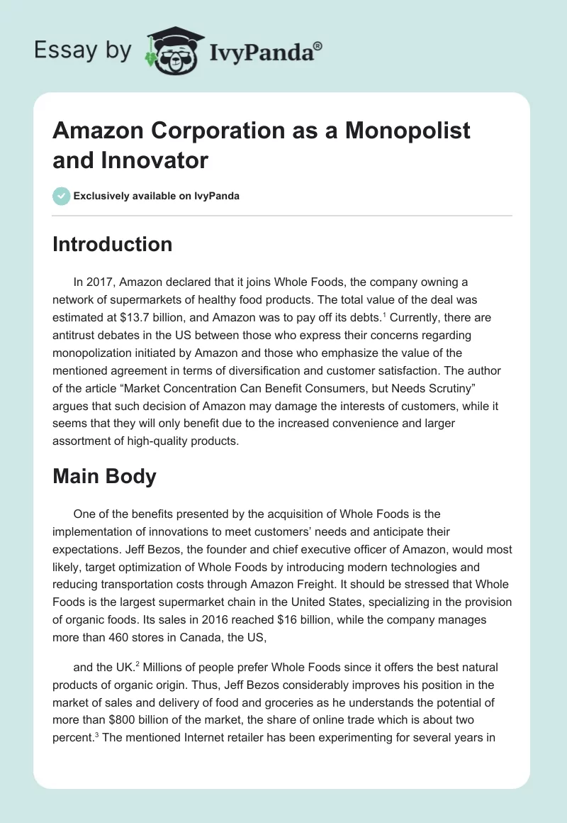 Amazon Corporation as a Monopolist and Innovator. Page 1