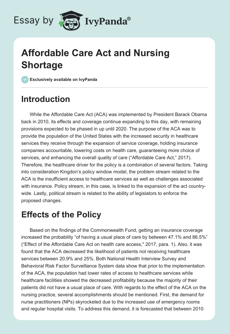 Affordable Care Act and Nursing Shortage. Page 1